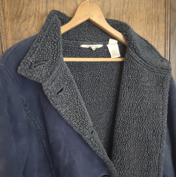 L.L. Bean 70s Style Faux Shearling Sherpa Coat | Navy, Button, Lambskin, Suede - Picture 2 of 14